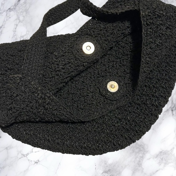 Crochet Hobo Purse Crossbody Sling Black Knit Roomy - Picture 3 of 6